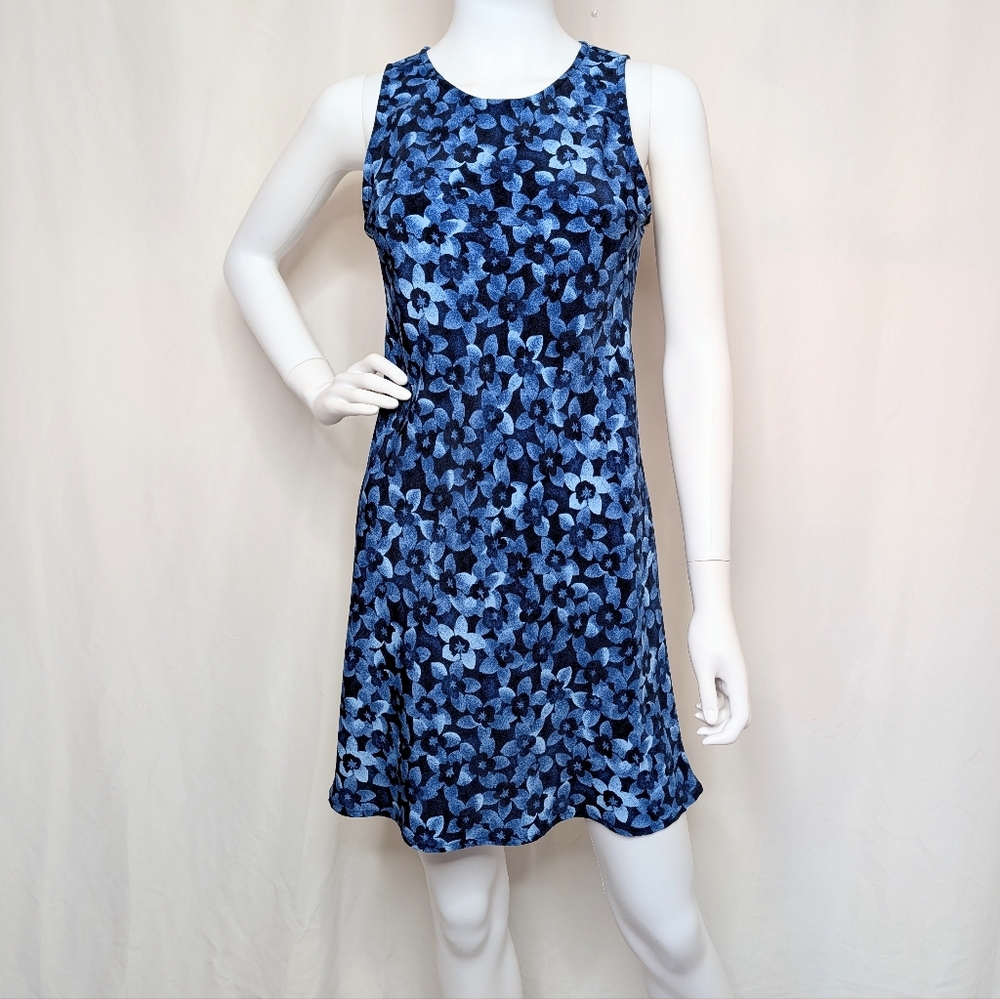 Vintage Y2K Navy & Blue Floral High Neck Sleeveless Tank Style Mini Sun Dress